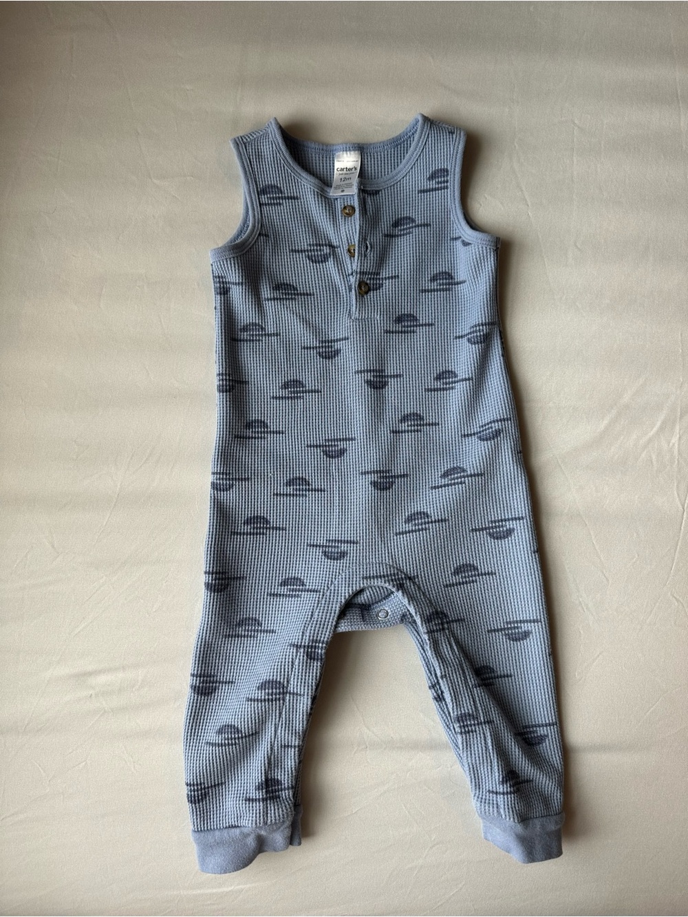 Carter's Baby Blue Waffle Henley Romper with Navy Print